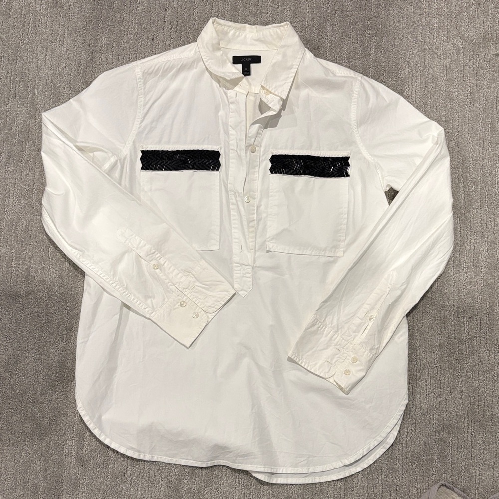 J Crew 100% cotton beaded detail popover blouse
